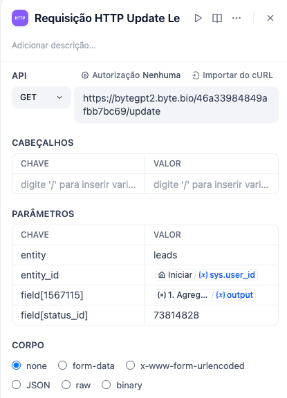 HTTP Request no Dify atualizando um campo no CRM Kommo, por meio do ByteGPT