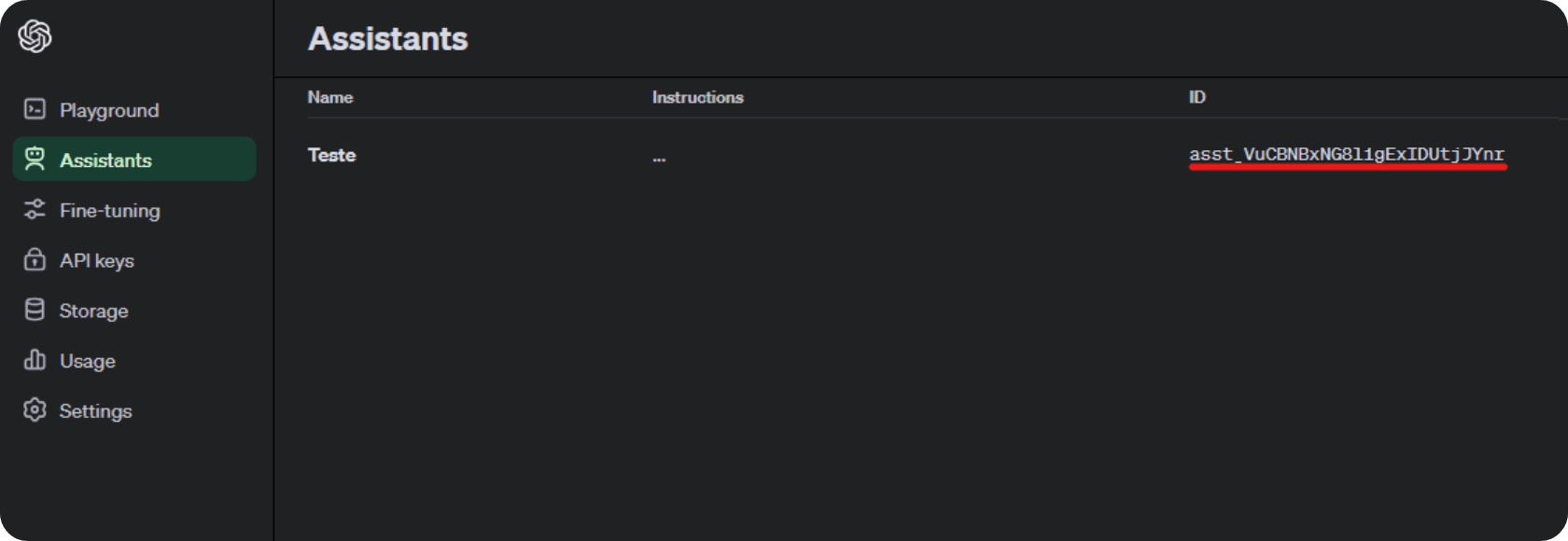 Página de Assistants na Plataforma da OpenAI