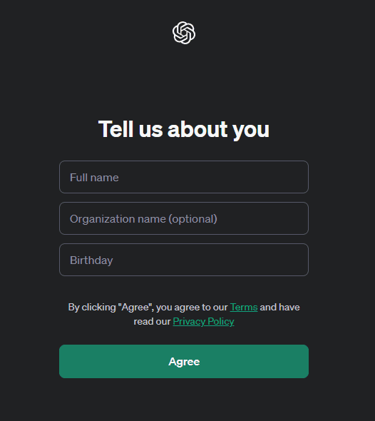 Página de configuração da conta na OpenAI