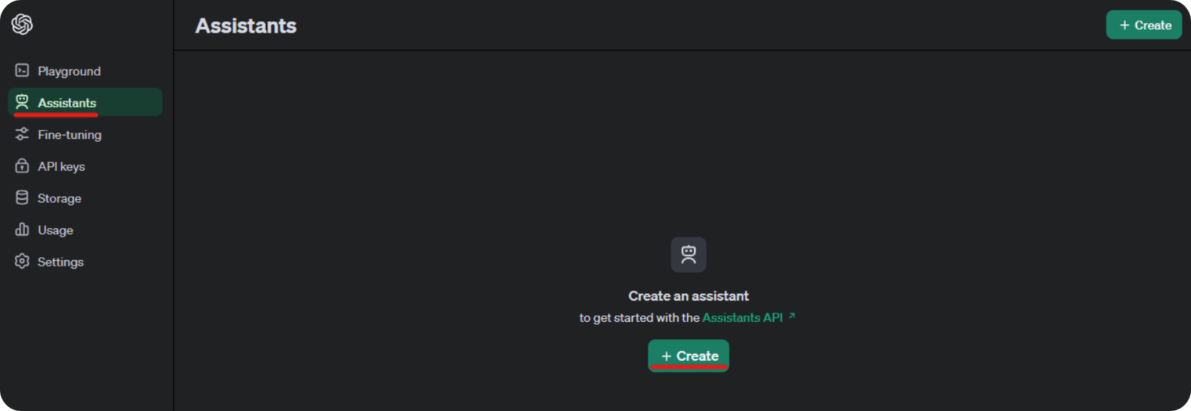 Página de criação do Assistant dentro da plataforma da OpenAI