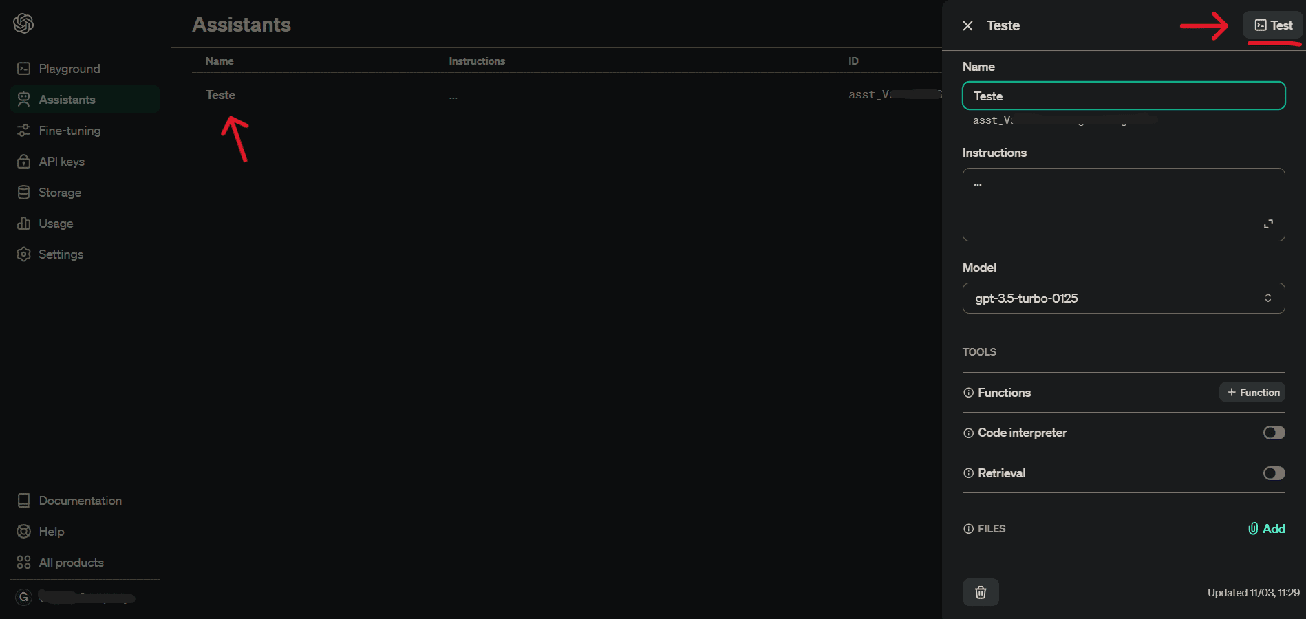 Página de configuração do Assistant na plataforma da OpenAI