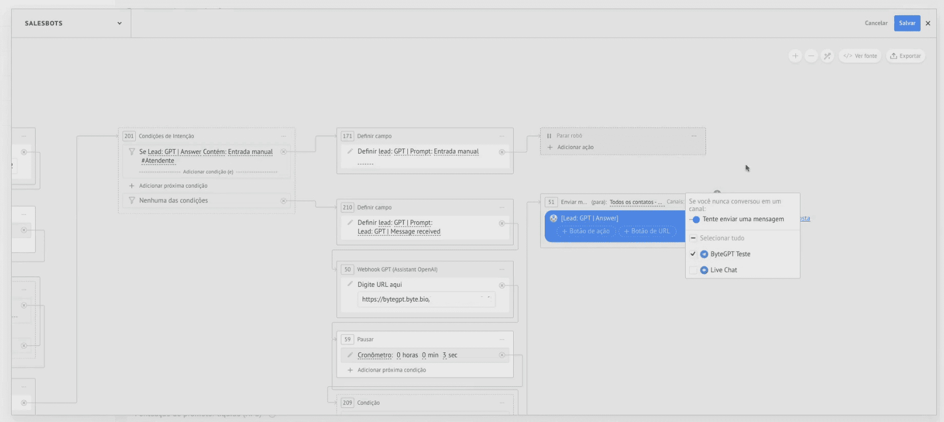 Dentro do Salesbot importado (template) defina qual ou quais canais de comunicação quer que ele atue ou responda.