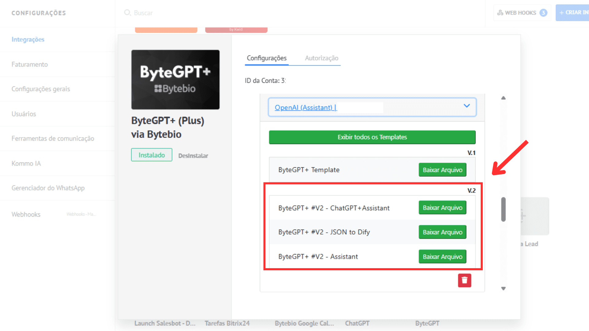 Exibição dos templates disponíveis do ByteGPT