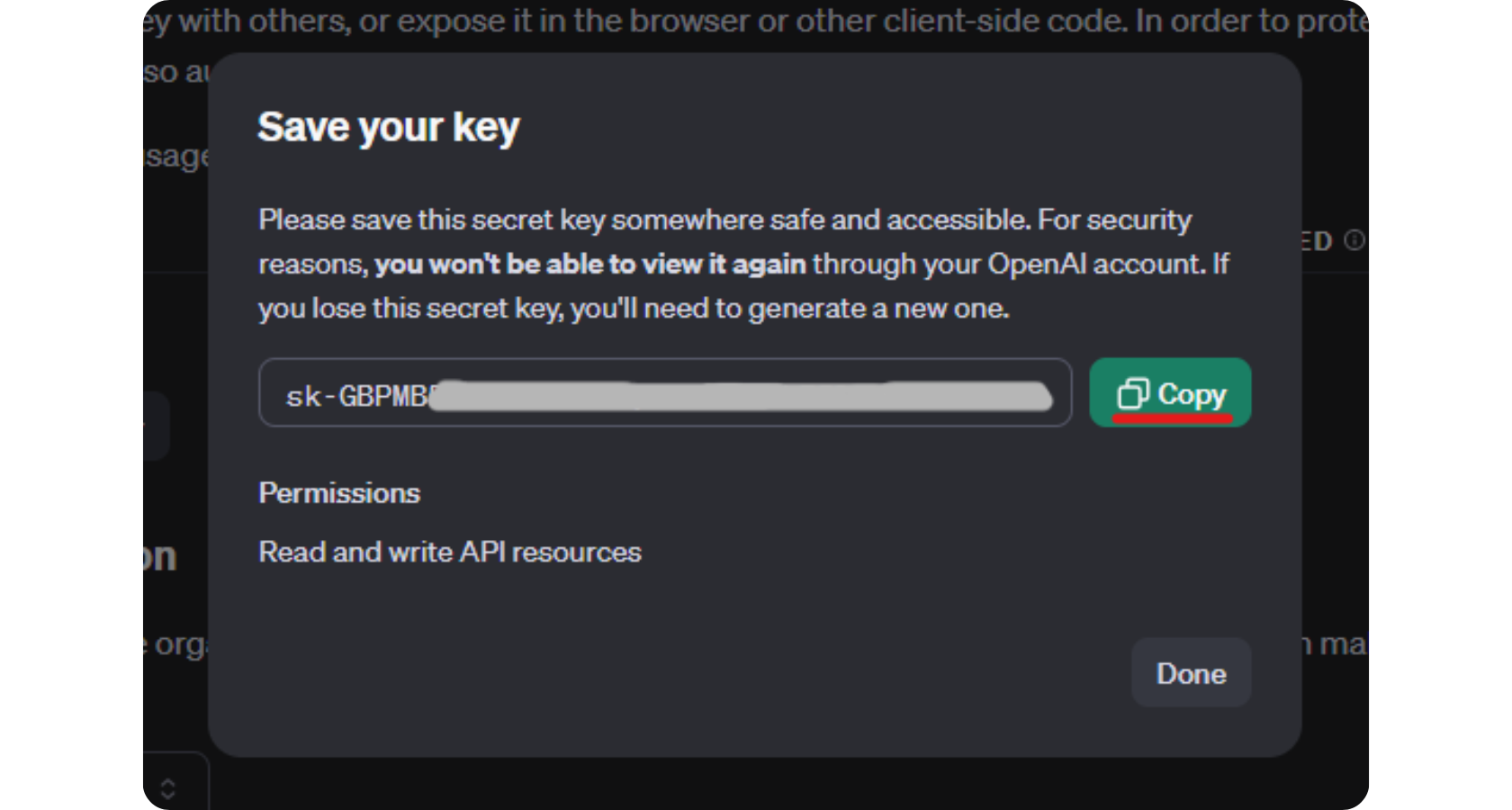 API Key criada dentro do Plataforms OpenAI