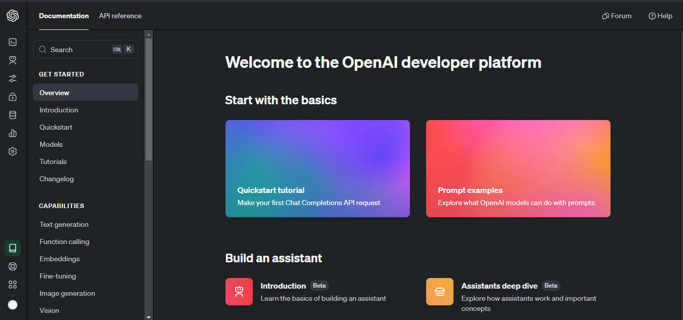 Página de exibição do dashboard do plataforms da OpenAI