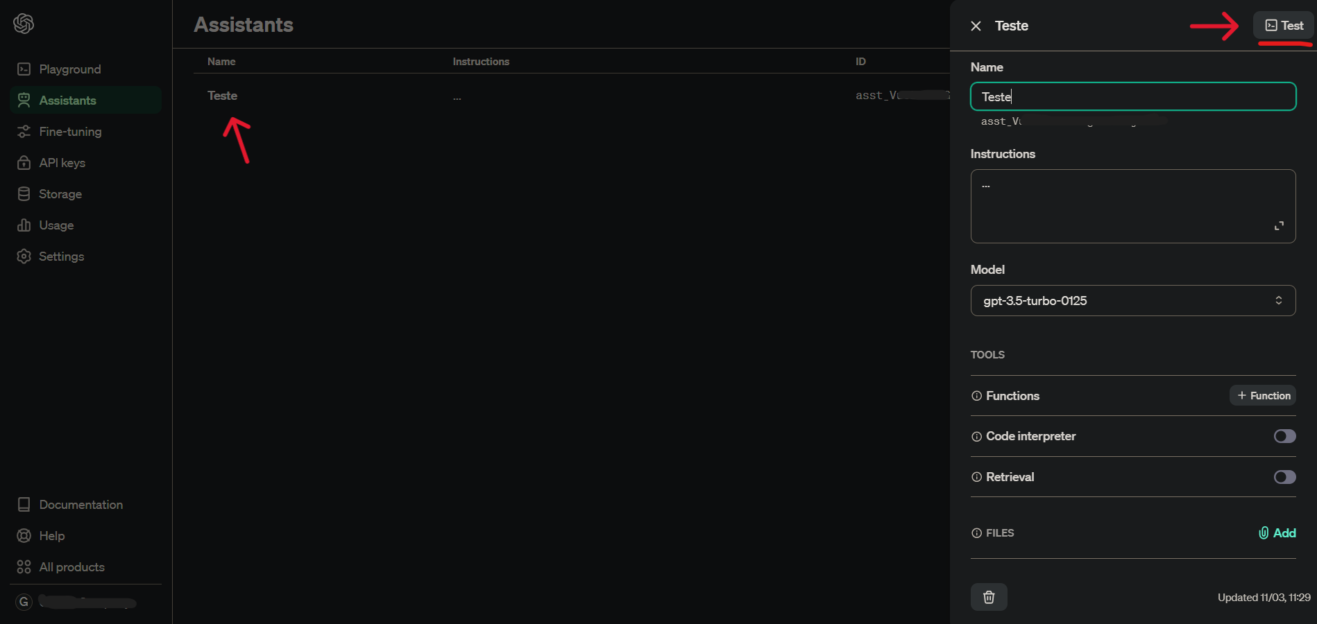 Página de configuração do Assistant na plataforma da OpenAI
