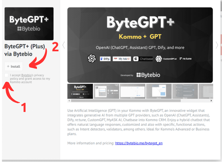 Click on “I accept the privacy policies of Bytebio and grant access to the Kommo account” and then click on “Install”.