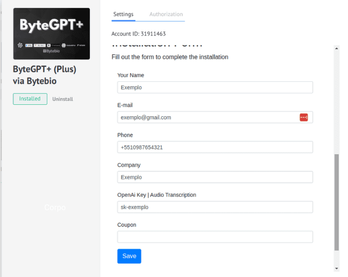 Form for filling out the fields for integration.