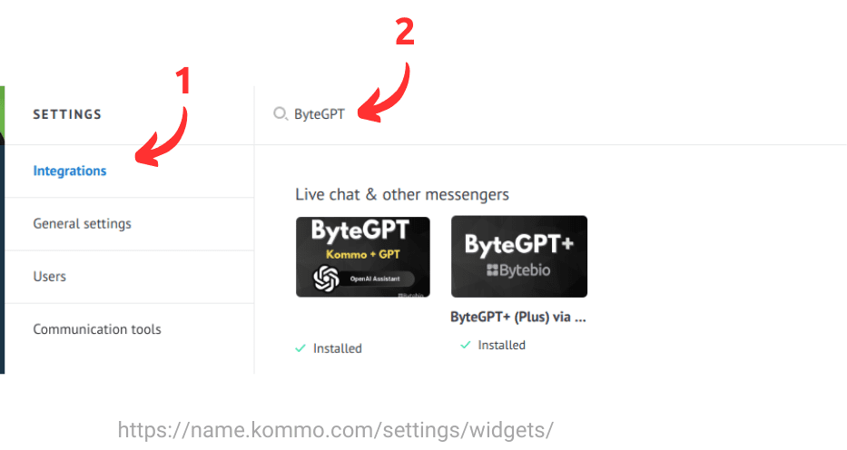 Click on "Settings > Integrations" and then search for "ByteGPT".