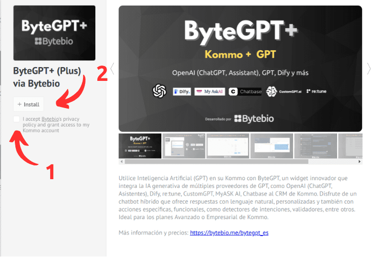 Haga clic en “Acepto las políticas de privacidad de Bytebio y concedo acceso a la cuenta Kommo” y luego en “Instalar”.