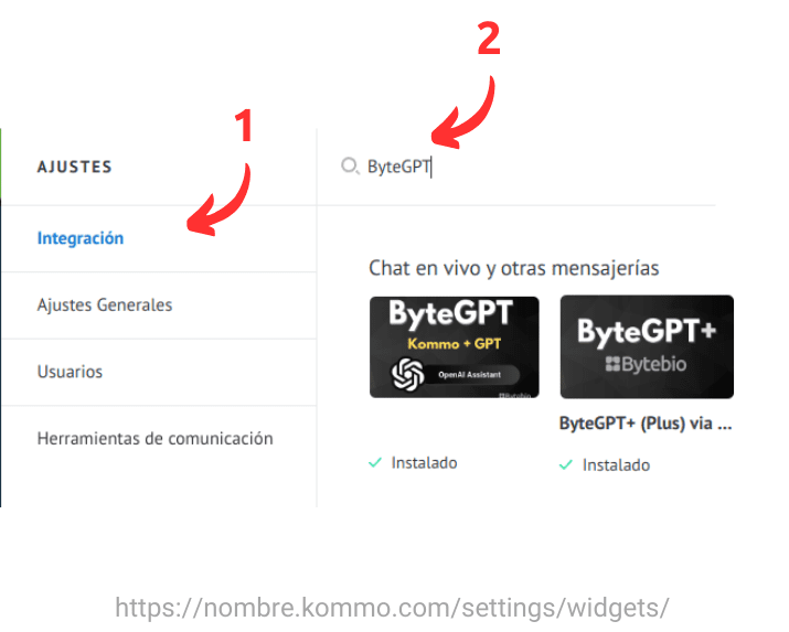 Haga clic en "Configuraciones > Integraciones" y luego busque "ByteGPT".