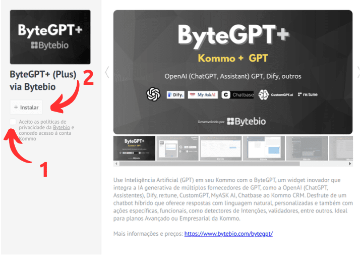 Clique em “Aceito as políticas de privacidade da Bytebio e concedo acesso à conta Kommo” e depois em “Instalar”.