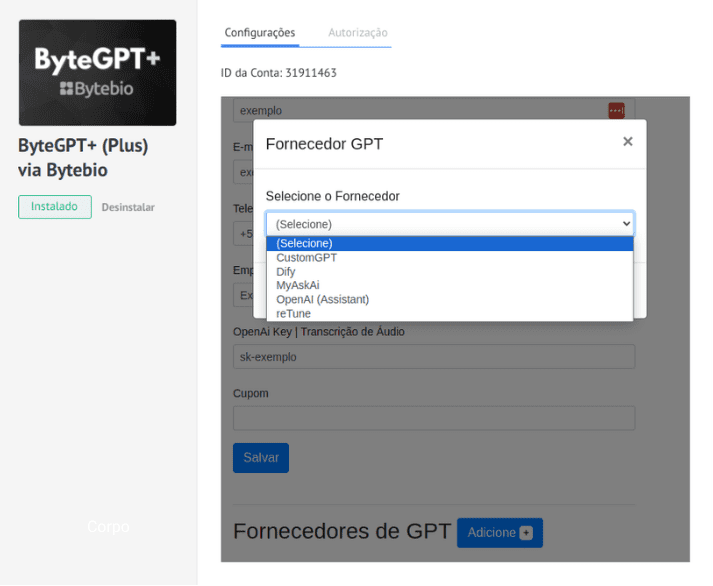 Após preencher o formulário, adicione um fornecedor de GPT, de sua preferência.