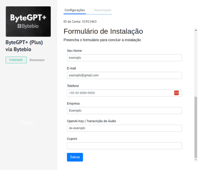 Formulário de preenchimento dos campos para a integração.