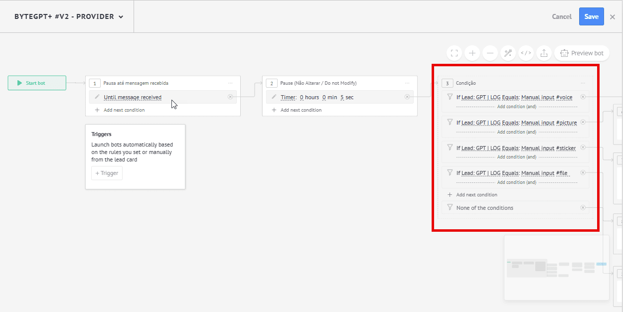Seção de identificação do tipo de mensagem enviada no template ByteGPT v2