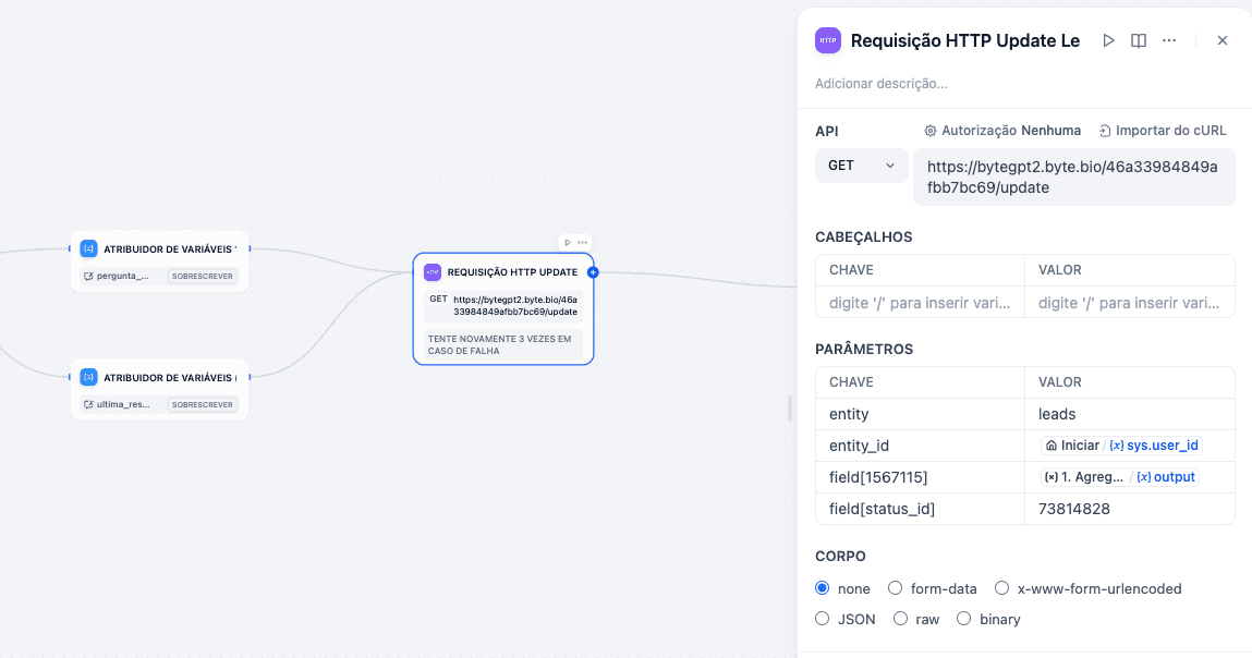 HTTP Request em um fluxo no Dify atualizando um campo no CRM Kommo, por meio do ByteGPT