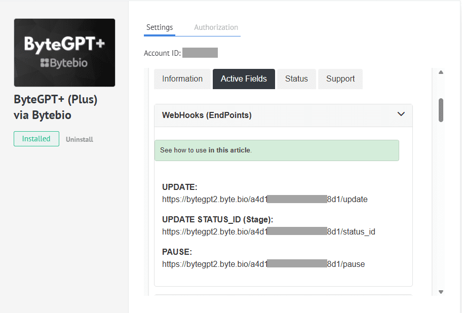 Tela de exibição dos webhooks ByteGPT, disponíveis para atualização de campos via Dify ou N8N no Kommo.