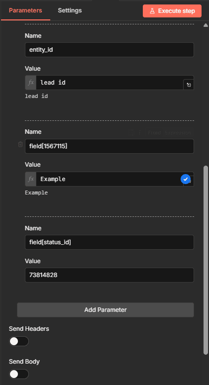 Exemplo - status e field no n8n