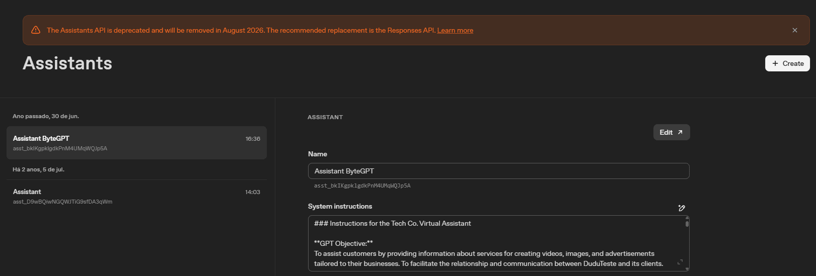 Aviso de fim do suporte da API de assistentes