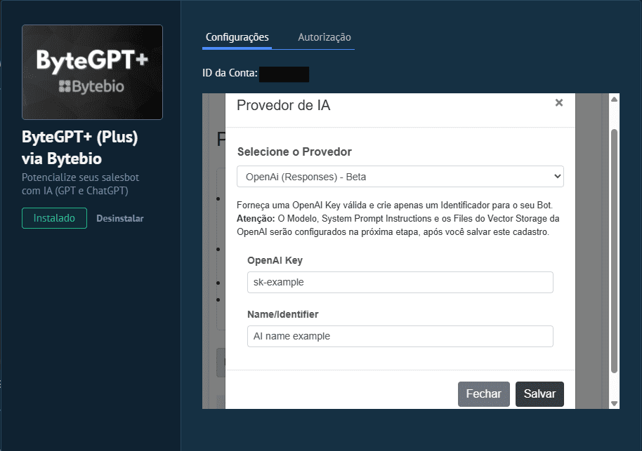Chave API e nome do assistente nas configurações do ByteGPT
